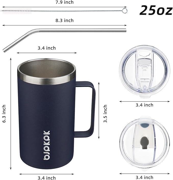 BJPKPK Insulated Coffee Mug with 2 Lids, 25oz Stainless Steel Insulated Tumbler with Handle, Double Wall Vacuum Coffee Cups, BPA Free Travel Mug for Coffee, Tea and Drinks, Navy Blue