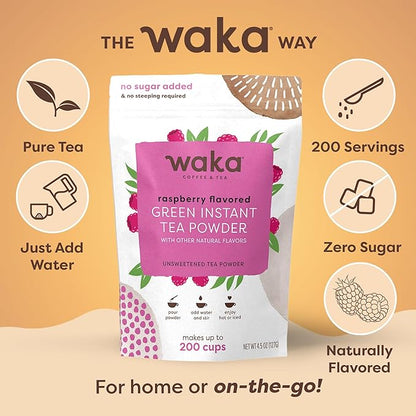 Waka Instant Green Tea Mix, Raspberry Flavored - 100% Tea Leaves, No Additives, Unsweetened Tea Powder in Bulk Pouch – Easy Quick Hot and Iced Teas, Up to 200 Cups (4.5oz)