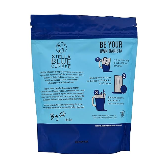 Stella Blue Cold Brew Coffee Bags, Electric Ave Blend, Dark Roast Ground Coffee, Smooth, Bold and Refreshing 100% Arabica, 6 Brew Packets, Makes 24 Cups, Rainforest Alliance Certified