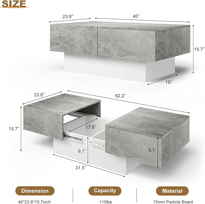 Modern Coffee Table with Large Storage for Living Room, Farmhouse Living Room Center Table Mesas De Centro para Salas Modernas Nesting Tables for Reception Room, Grey