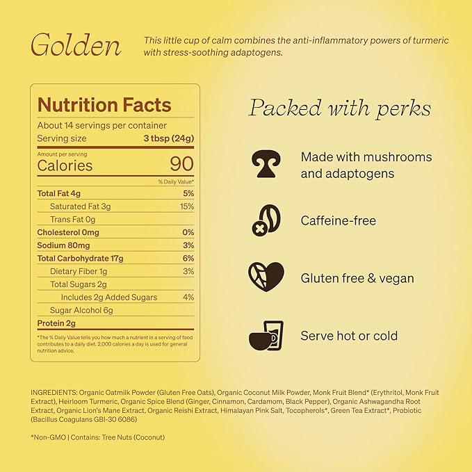 Clevr Blends Turmeric Powder, Golden Milk Instant Latte Mix, Superfood Powder with Oat Milk, Lions Mane, Reishi Mushroom, Organic Spices, Coconut Cream, Ashwagandha, Serve Hot or Iced, (14 Lattes)