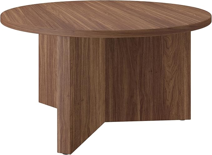 Henn&Hart 32" Round Wood Pedestal Coffee Table for Living Room, Family Room, Office, or Apartment, Satin Walnut