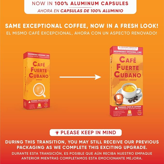 Café Fuerte Cubano, Aluminum Espresso Capsules, Compatible with Nespresso Original Machines, Dark Roast, Intensity 13, High Caffeine, Recyclable Coffee Pods, Roasted and Packaged in USA (80 Count)