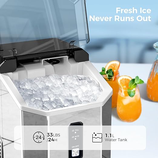 AGLUCKY Nugget Ice Maker Countertop, Portable Crushed Ice Maker Machine with Handle, 35lbs/24H, One-Click Operation, Self Cleaning Ice Machine for Home/Kitchen/Office(Stainless Steel)