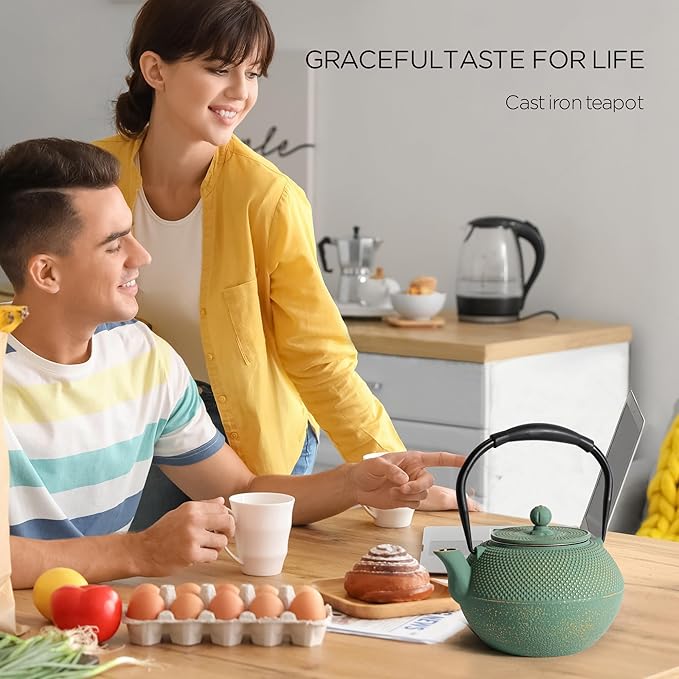 Cast iron Teapot, Tea Kettle for Stovetop Safe with Stainless Steel Infuser, Japanese Hand-made Tea Pot Coated with Enameled Interior for 42oz, 1200ml Green