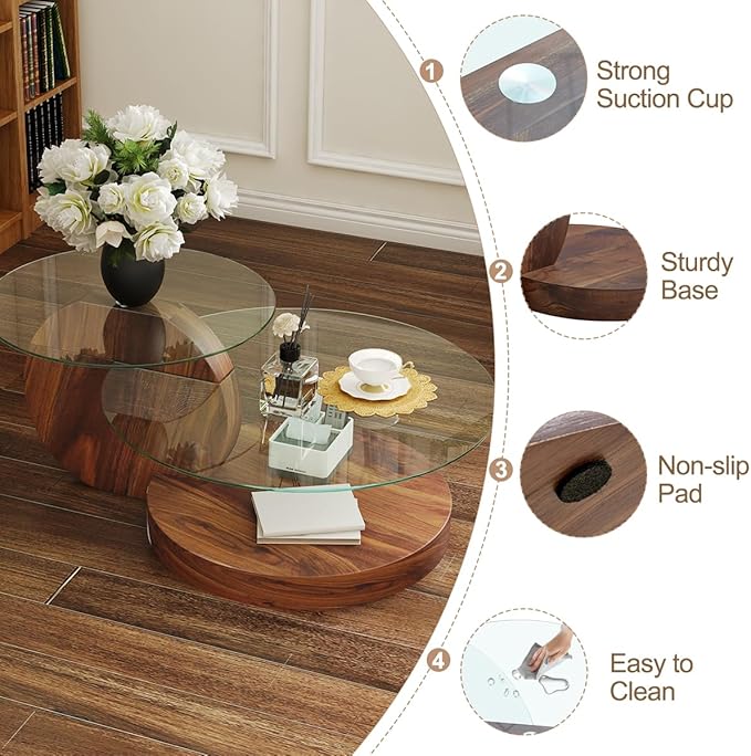 42 Inch Glass Coffee Table，Round Coffee Table with 2-Tier Tempered Glass Tabletop，Easy to Clean Circle Coffee Table with Sturdy Base for Living Room，Office (Dark Walnut-Colored Base)