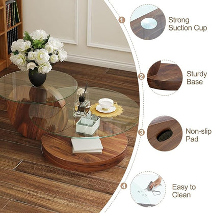 42 Inch Glass Coffee Table，Round Coffee Table with 2-Tier Tempered Glass Tabletop，Easy to Clean Circle Coffee Table with Sturdy Base for Living Room，Office (Dark Walnut-Colored Base)