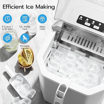 ZAFRO Countertop Ice Maker, 26.5Lbs/24H, 9 Bullet Cubes in 6 Mins, Self-Cleaning Portable Ice Machine with 2 Ice Sizes (S/L), Quiet Compact Design, Double Handles, for Home, Party, RV, Camping, White