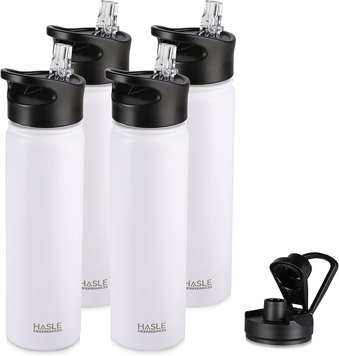 HASLE OUTFITTERS Insulated Water Bottle 22 oz Double Wall Stainless Steel Water Bottle Wide Mouth with Straw Lid & Spout Lid Keeps Cold or Hot(White,4)