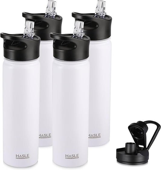 HASLE OUTFITTERS Insulated Water Bottle 22 oz Double Wall Stainless Steel Water Bottle Wide Mouth with Straw Lid & Spout Lid Keeps Cold or Hot(White,4)