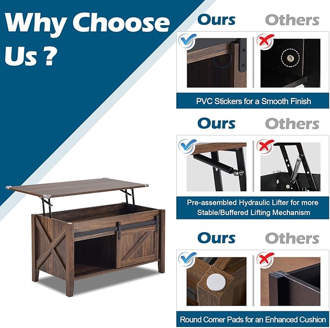 VINGLI Espresso Lift Top Coffee Table, 36" Small Farmhouse Barn Door Coffee Table with Storage, Rectangular Center Wood Coffe Table with Lifting Top, Lift Up Living Room Tables with Hidden Compartment