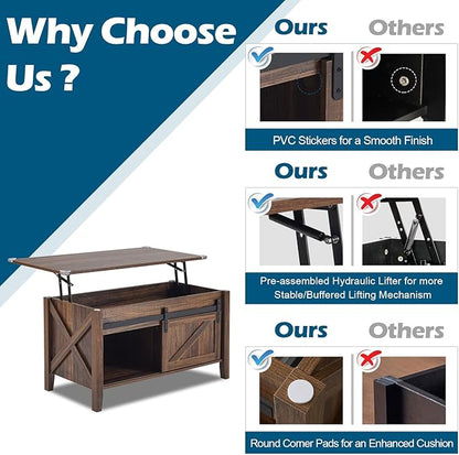 VINGLI Espresso Lift Top Coffee Table, 36" Small Farmhouse Barn Door Coffee Table with Storage, Rectangular Center Wood Coffe Table with Lifting Top, Lift Up Living Room Tables with Hidden Compartment