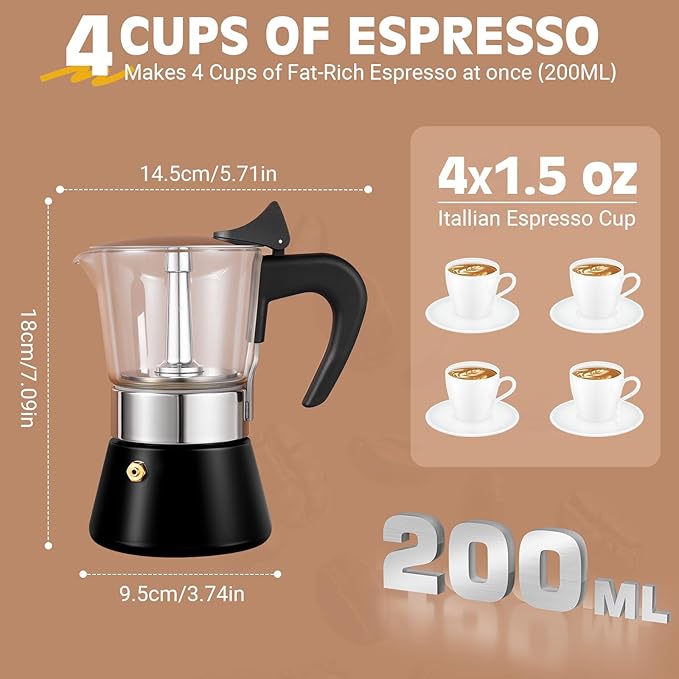 Induction Moka Pot, 4 Cups (7.1 oz) Crystal Glass-Top & Stainless Steel Moka Pot, Classic Stovetop Espresso Maker, Black
