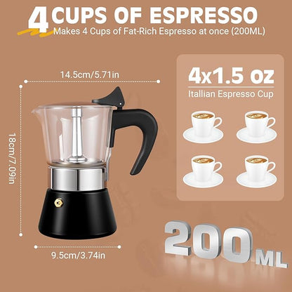 Induction Moka Pot, 4 Cups (7.1 oz) Crystal Glass-Top & Stainless Steel Moka Pot, Classic Stovetop Espresso Maker, Black