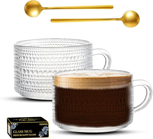Vintage Coffee Tea Cups, Glass Mugs 14 Oz Set of 2 Embossed Glassware with Handle, for Cappuccino, Latte, Cereal, Yogurt, Beverage Hot/Cold, Milk