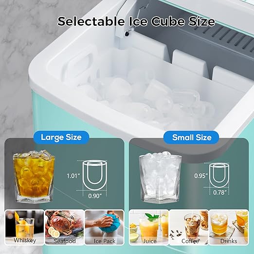 AGLUCKY Ice Makers Countertop with Self-Cleaning, 26lbs/24hrs, 9 Cubes Ready in 6 Mins, Portable Ice Machine with 2 Sizes/Scoop/Basket for Home/Kitchen/Office/Bar/Party, Green