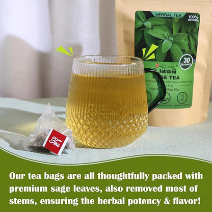 FullChea - Sage Tea Bags - 30 Count X 1.5g - Premium Natural Cut & Sifted Sage Leaf - Non-GMO - Caffeine-free - Rich in Antioxidants & Respiratory Support