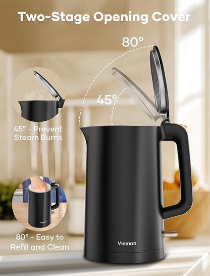Electric Kettle, 1.7L Double Wall Stainless Steel Cool Touch, Water Boiler & Heater, 1500W Hot Tea Pot, Auto Shut-Off & Boil Dry Protection, BPA-Free, Cordless Base & LED Indicator, Black