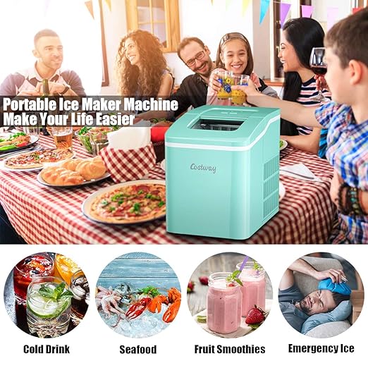 COSTWAY Countertop Ice Maker, 26Lbs/24H Portable Ice Machine with Self-Cleaning Function, Bullet Ice Cubes Ready in 8 Mins, Scoop and Removable Basket,Ice Maker for Home Party Bar, Green