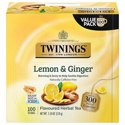 Twinings Lemon & Ginger Herbal Tea Individually Wrapped Bags, 100 Count (Pack of 1), Tangy Lemon, Spicy Ginger, Naturally Caffeine-Free, Enjoy Hot or Iced, 100 Teabags