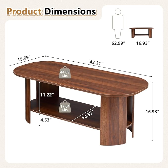 43.3” Oval Coffee Tables for Living Room, Wood Farmhouse Coffee Table with Storage, 2-Tier Center Table with Storage Shelf Low Tea Table for Small Space, Home, Office (Walnut)