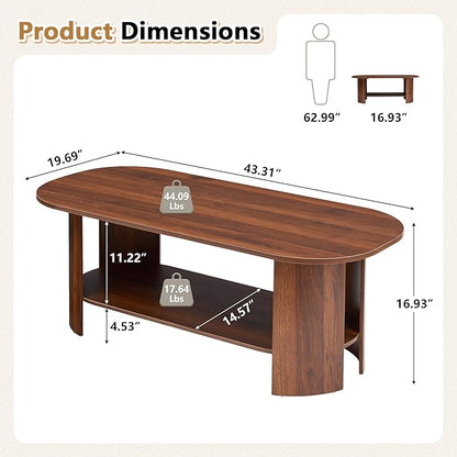43.3” Oval Coffee Tables for Living Room, Wood Farmhouse Coffee Table with Storage, 2-Tier Center Table with Storage Shelf Low Tea Table for Small Space, Home, Office (Walnut)