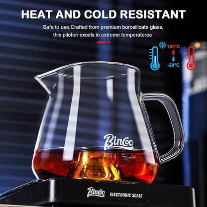 Bincoo Glass Coffee Server 400ml,Heat-Resistant Borosilicate Glass Coffee Carafe with Drip-Free Spout Clear Pitcher for Hot & Cold Beverages,Easy to Clean,Dishwasher Safe(Transparent)