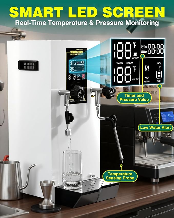 WantJoin Commercial Milk Frother - 1800W Milk Steamer, Hot Water Dispenser, Beverage Heater for Latte, Cappuccino, Coffee, Milk Tea, LED Display, Hotel Use (While)