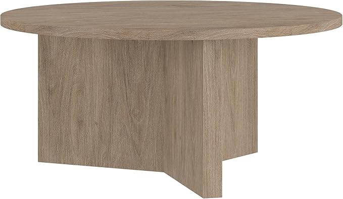 Henn&Hart 36" Round Wood Pedestal Coffee Table for Living Room, Family Room, Office, or Apartment, Antiqued Gray Oak