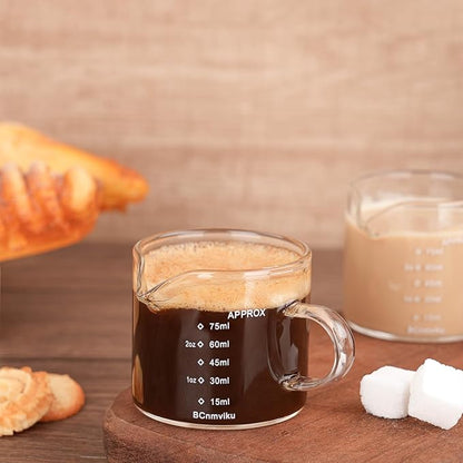 BCnmviku 4 PACK Espresso Glass Measuring Cup Triple Pitcher Milk Cup 75ML Espresso Cups with Handle Shot Glass with V-Shaped Mouth Clear Accessories Milk Frothing Pitcher (4)