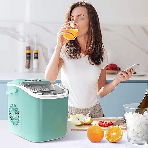 Portable Ice Maker Machine with Handle, 26lbs/24Hrs, 6Mins/9 Ice Cubes, Self-Cleaning with Basket/Scoop, Countertop Ice Makers for Home/Kitchen/Office(Green)