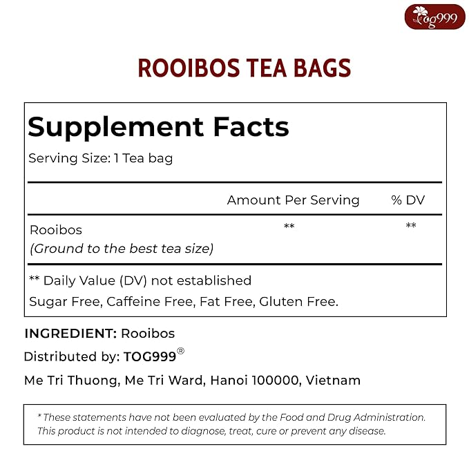 TOG999, Premium 60 Red Rooibos Tea Bags, 100% Natural & Pure from Rooibos Tea Leaves. Loose Leaf Rooibos Herbal Tea. Made with Natural Material Tea Bags. No Sugar, No Caffeine, No Gluten, Vegan.