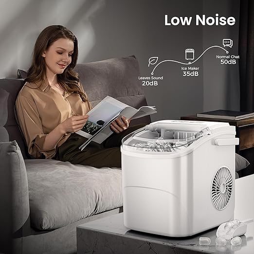 AGLUCKY Ice Makers Countertop with Handle,26.5Lbs/24H,9 Cubes in 6 Mins,2 Sizes of Bullet Ice,Portable Machine with Self-Cleaning,Perfect for Home Kitchen(White)