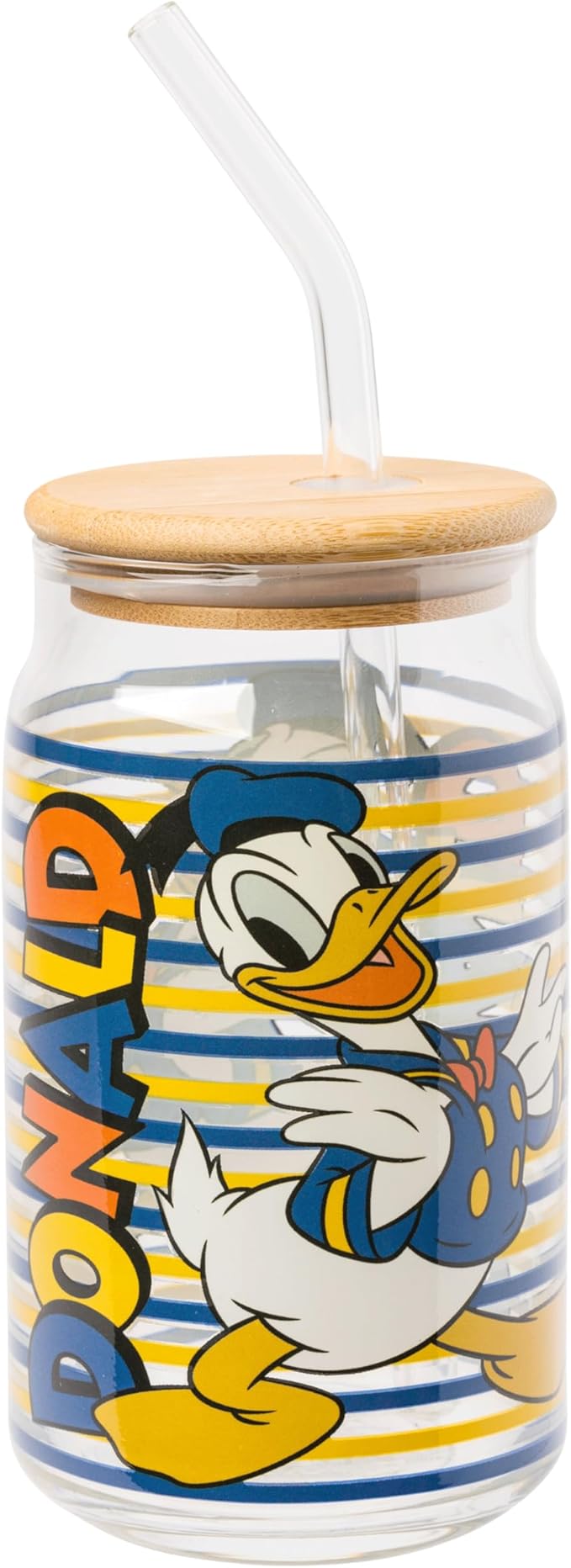 Silver Buffalo Disney Mickey and Friends Donald Duck Blue and Yellow Stripes Glass Jar Tumbler with Bamboo Lid and Glass Straw, 16 Ounces