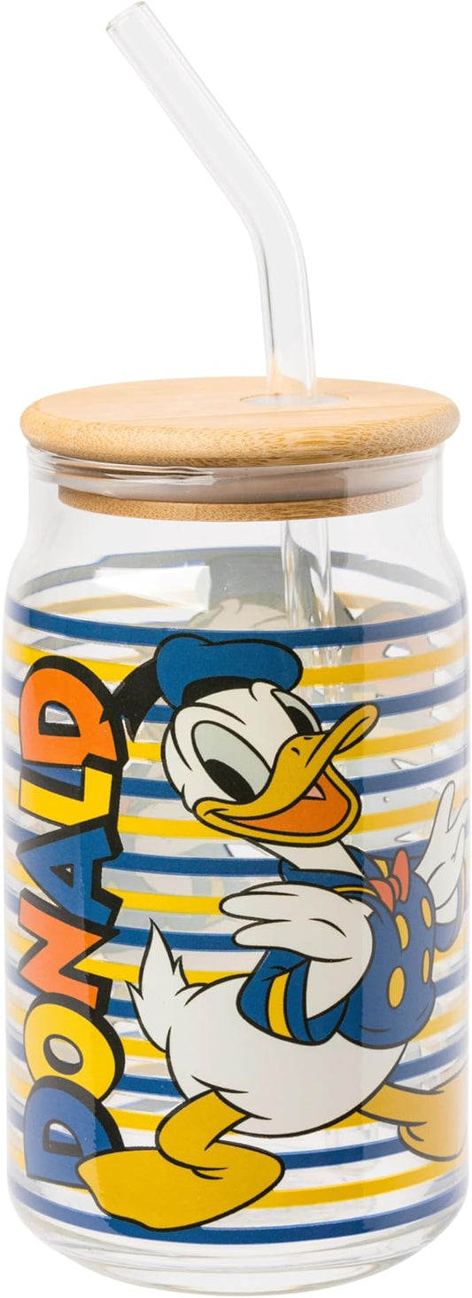Silver Buffalo Disney Mickey and Friends Donald Duck Blue and Yellow Stripes Glass Jar Tumbler with Bamboo Lid and Glass Straw, 16 Ounces