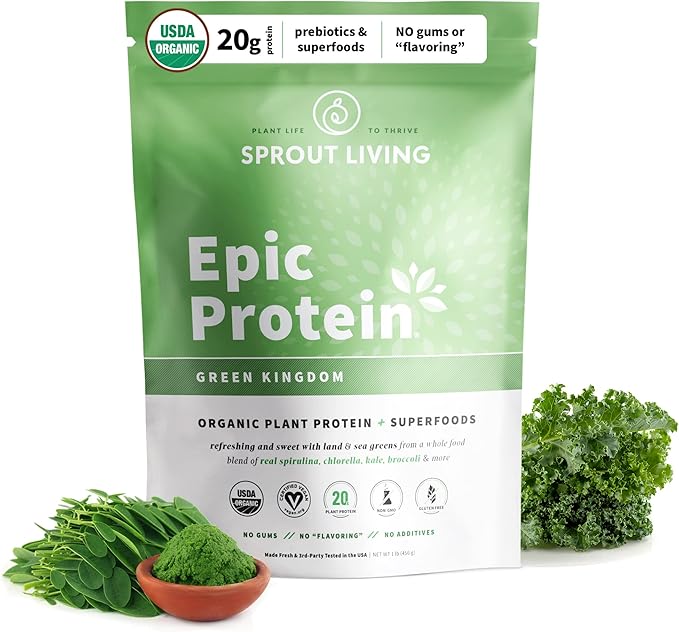 Sprout Living Epic Protein, Plant Based Protein & Superfoods Powder, Green Kingdom | 20 Grams Organic Protein Powder, Greens, Vegan, Non Dairy, Non-GMO, Gluten Free, Low Sugar (1 Pound, 12 Servings)