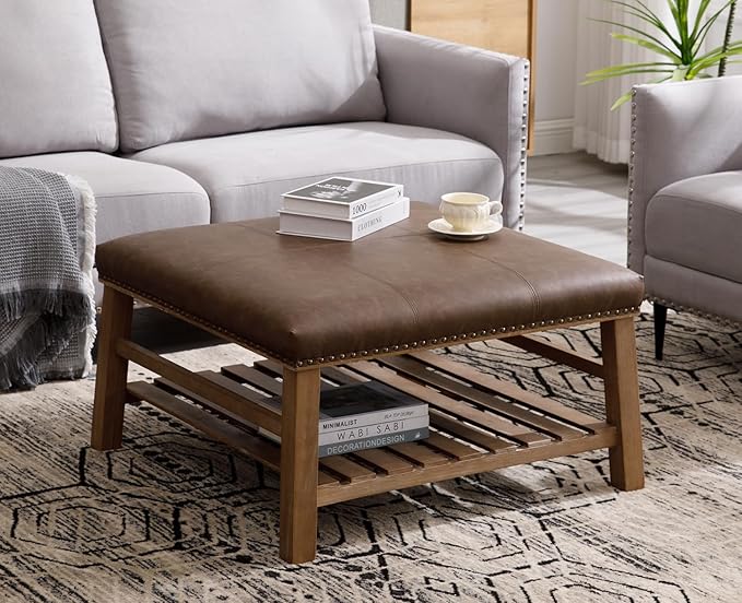 Kmax 32-Inch Dark Brown Faux Leather Coffee Table Large Square Ottoman Foot Rest Stool Upholstered Coffee Table with Wooden Shelf Storage for Living Room Office