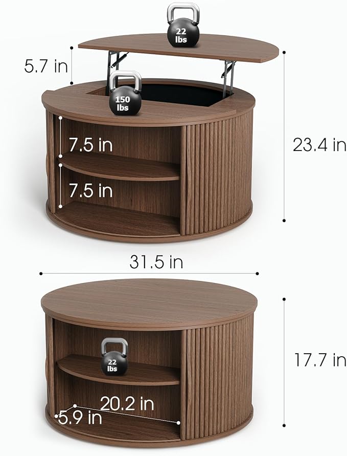 Lift Top Coffee Table with Storage,31.5”Mid Century Modern Round Center Table with Hidden Compartment,Fluted Small Dining Table for Living Room,Home Office,Walnut