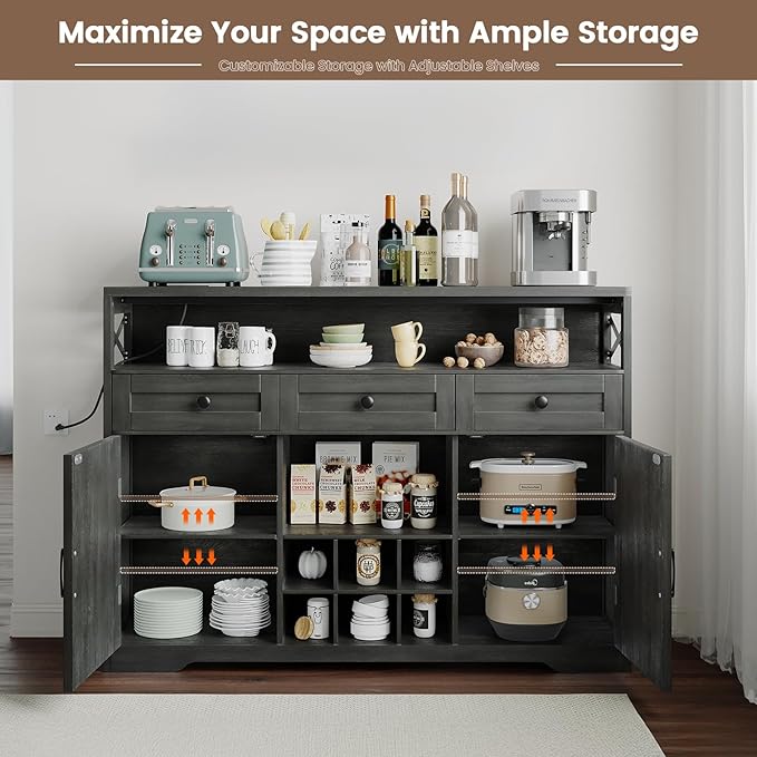 51" Sideboard Buffet Cabinet with Storage, Large Coffee Bar Cabinet with Drawers, Doors and Charging Station, Farmhouse Kitchen Sideboard Table for Kitchen, Dining Room, Living Room, Dark Grey