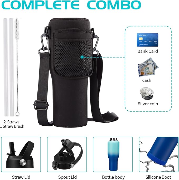 Insulated Water-Cup Skinny-Bottle 40 oz - Stainless Steel Insulated Water Bottles fits in Cup Holder, Leak Proof Metal Flask Water Cup with Straw Spout Lids for Women Men