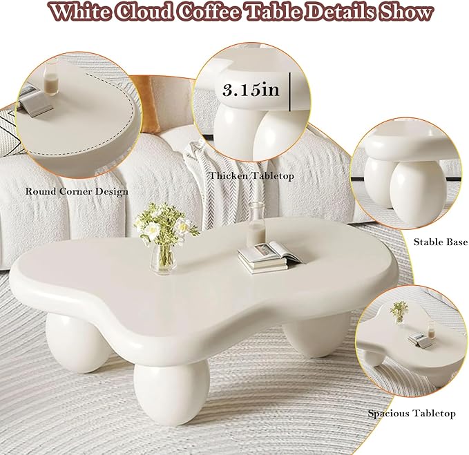 Stylish Irregular Cloud Coffee Table Mid-Century White Low Center Table - 3 Stable Ellipsoid Leg, for Living Room Bedroom Lounge (E-39.37in)