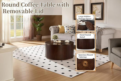 Round Wood Coffee Table for Living Room, Modern Circle Table with Removable Lid, Rustic Drum Table for Reception Room, No Need Assembly (31x31x16 in)