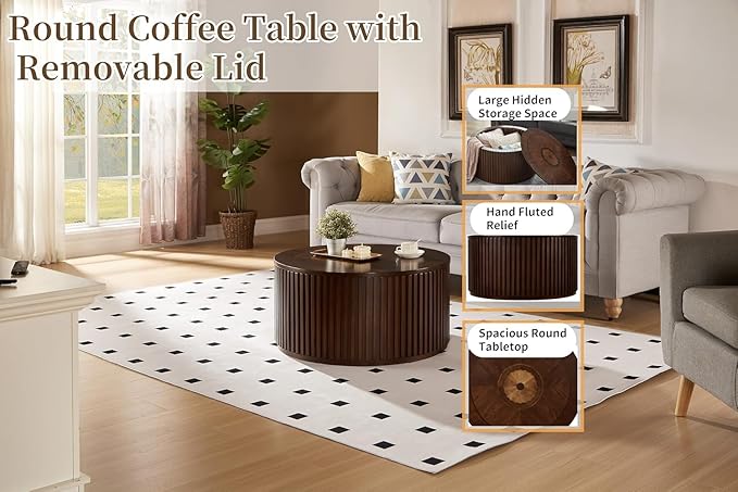 Round Wood Coffee Table for Living Room, Modern Circle Table with Removable Lid, Rustic Drum Table for Reception Room, No Need Assembly (31x31x16 in)