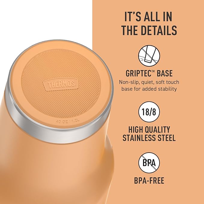 THERMOS Stainless Steel Cup Holder Mug - 40 Ounce, Melon - Insulated Tumbler with Lid and Straw, Plus Leak-Resistant Slide Lock