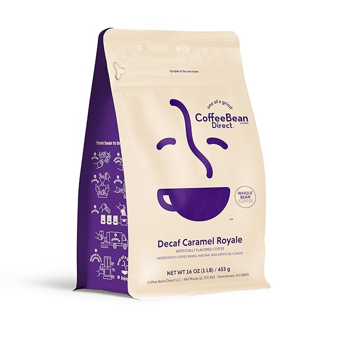 Coffee Bean Direct Decaf Caramel Royale Flavored, Whole Bean Coffee, 1 Pound Bag