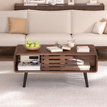 Load image into Gallery viewer, Mid Century Modern Coffee Table - Coffee Table for Living Room, 39.4" Fluted Design with Sliding Door Storage &amp; Open Shelves, Wood Construction, Walnut