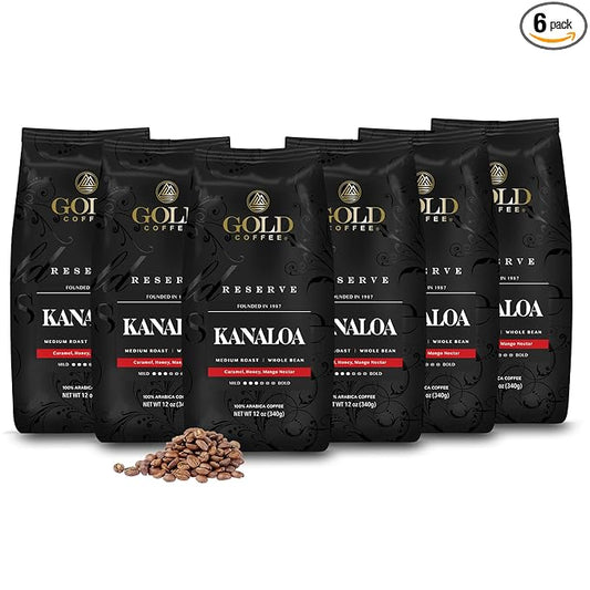 Gold Coffee | Kanaloa Premium House Blend, Medium Roast, Whole Bean | 100% Arabica Coffee, 12 Oz (Pack of 6)