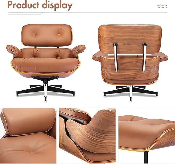 Top Black Grain Leather, Mid Century Chaise Lounge Chair and Ottoman, Modern Chair Classic Design, Heavy Duty Base Support for Living Room Study Lounge Office (Tall, Walnut-Brown)