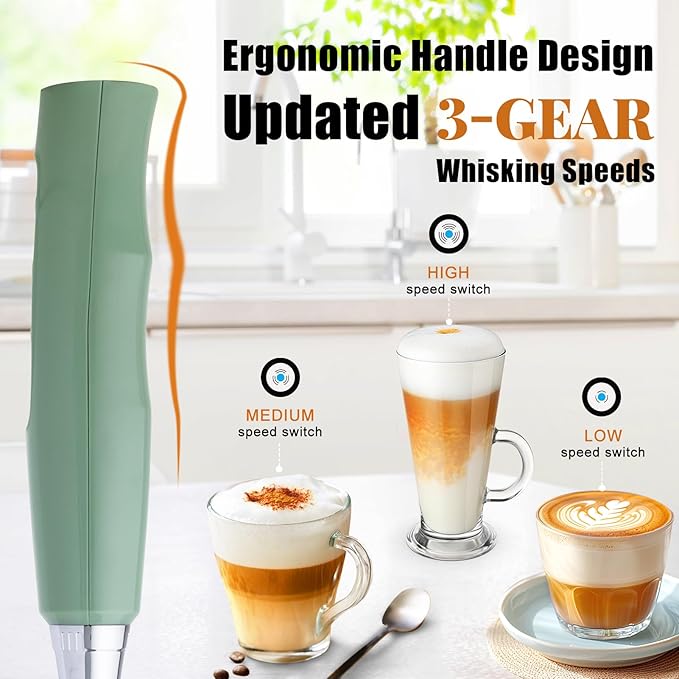 Nahida Granite Green Milk Frother Wand for Coffee, Frother Handheld Rechargeable Electric Whisk with 3 Heads 3 Speeds Drink Mixer Coffee Frother Foam Maker For Latte, Cappuccino, Hot Chocolate, Egg