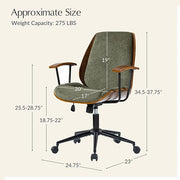 HULALA HOME Solid Wood Office Chair with Rocking Function, Comfy Fabric Desk Chair with Bent Wood and Metal Base, Height Adjustable Swivel Computer Task Chair, Green